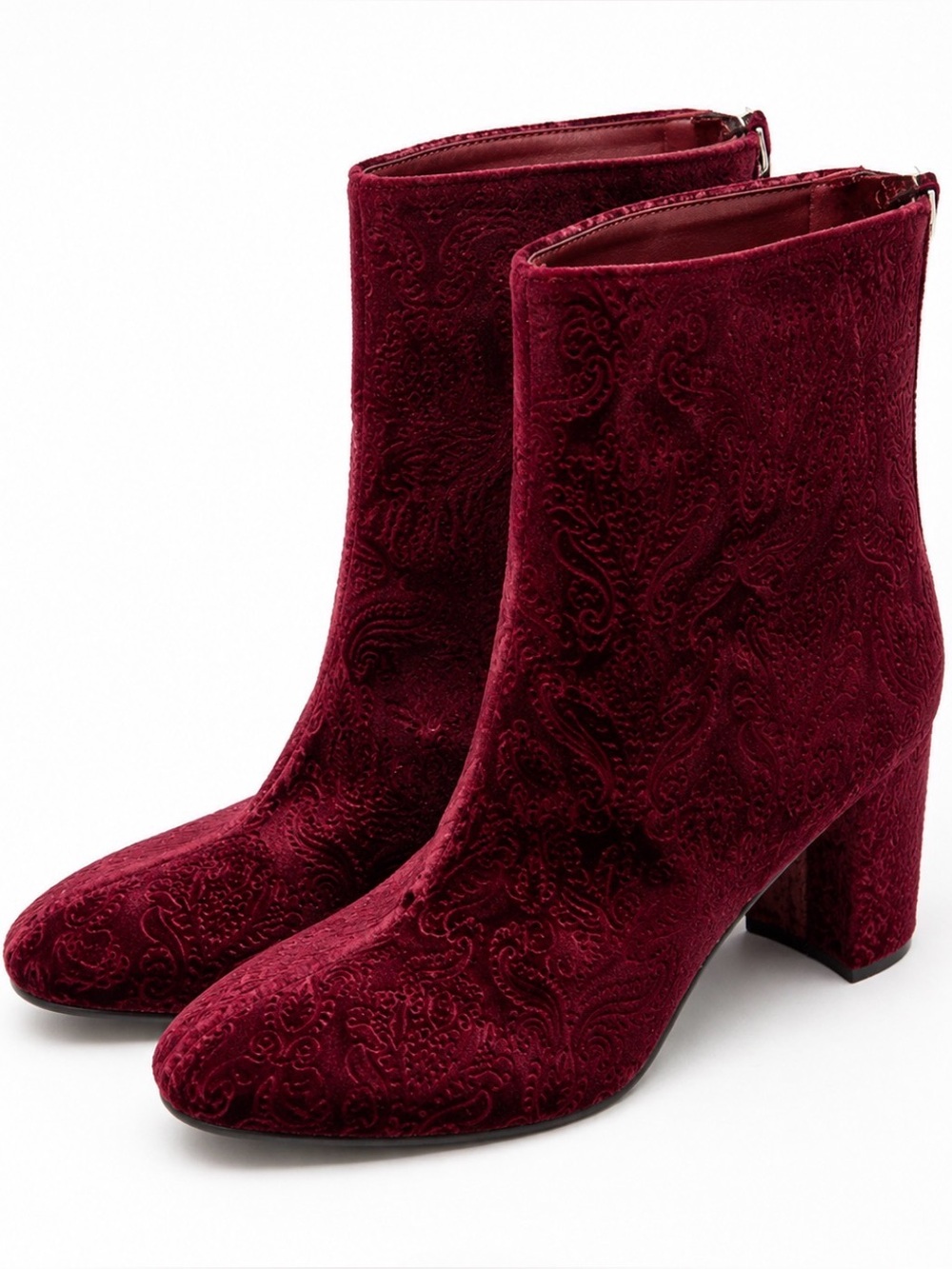 Burgundy Embossed Velvet Ankle Boots – Size 9.5 – Block Heel
